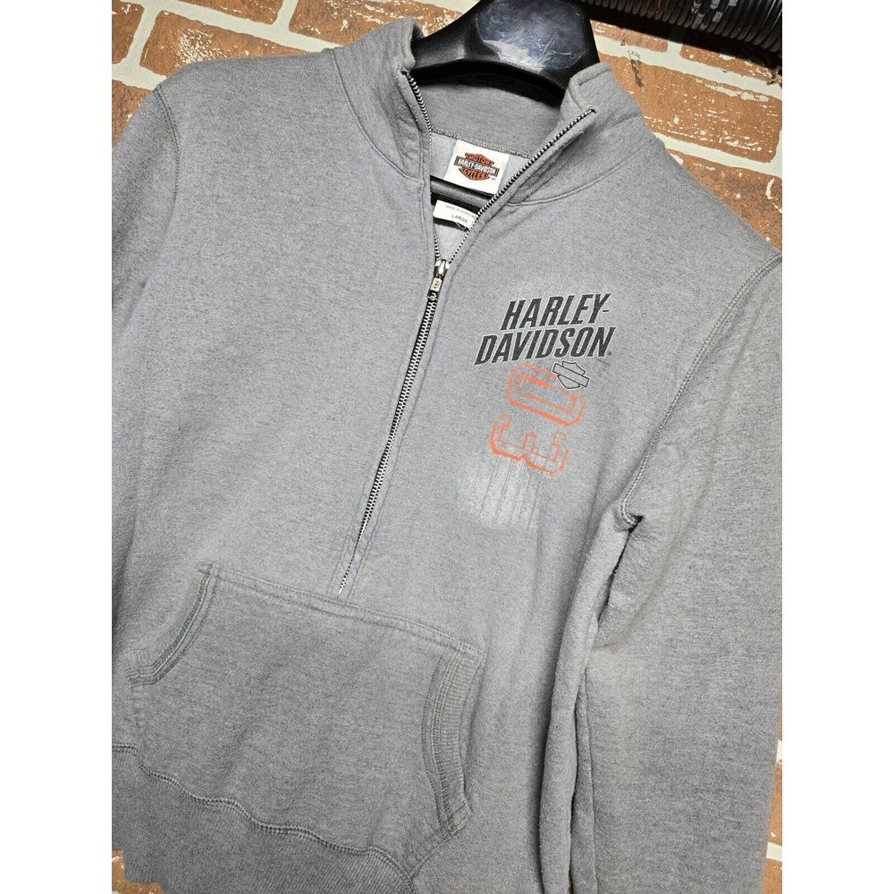 Harley-Davidson Sweatshirt Mens L Gray 3/4‎ Zip 03 Graphic Print Kangaroo Pocket